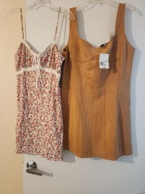 Forever 21 Floral Lace Cami Dress & Tan Faux-Suede Mini Dress